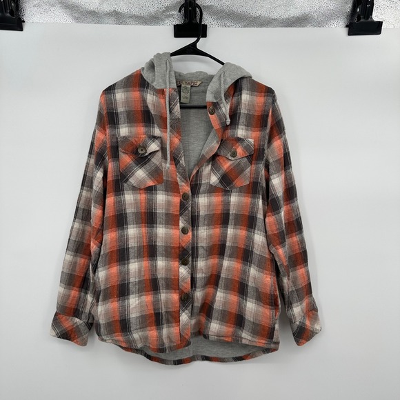 Nina Capri Tops - VTG 90s Nina Capri Women's Orange Plaid Hooded Flannel Shacket Thermal Size M